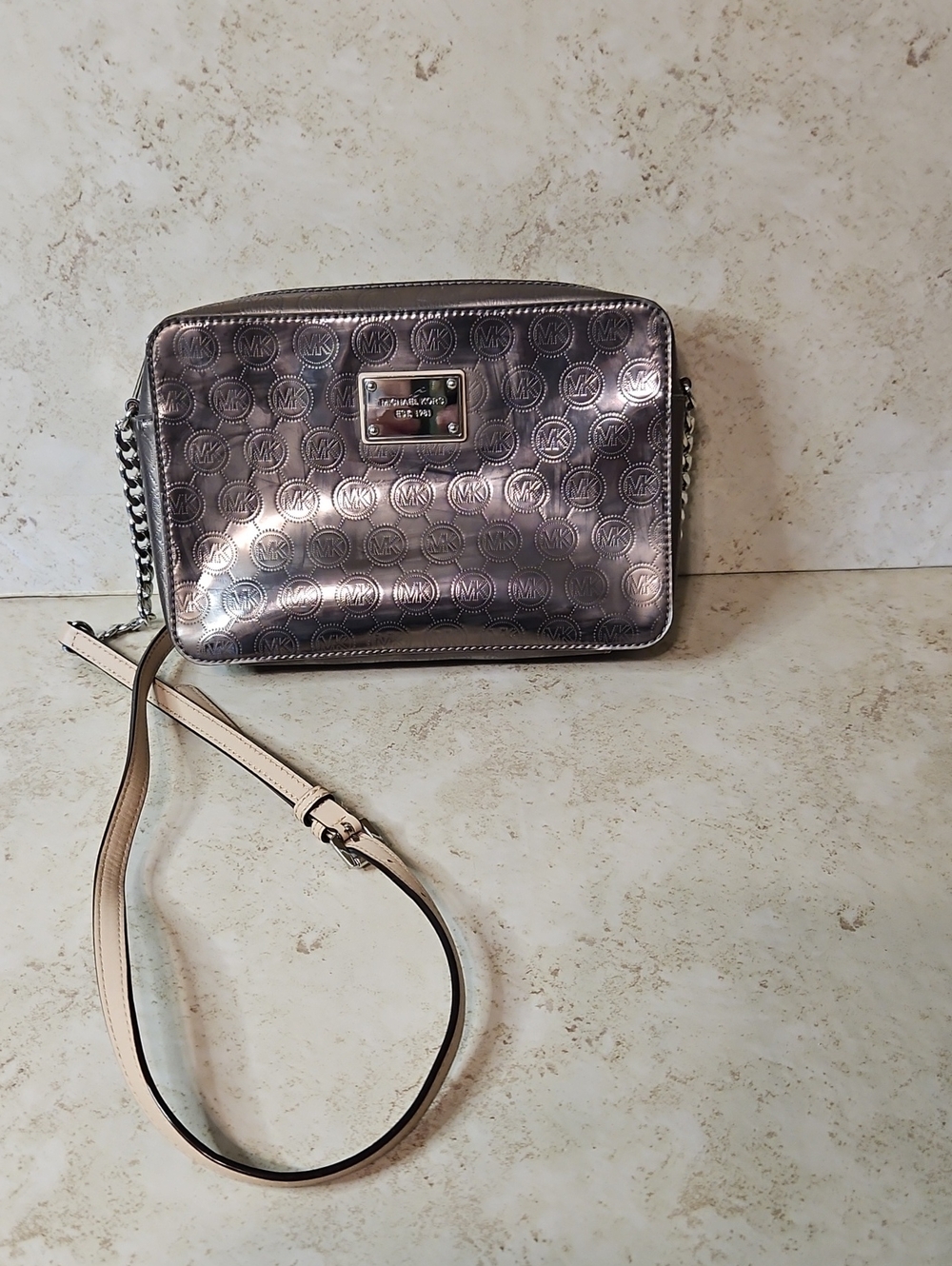 Michael Kors Metallic Silver MK Logo Crossbody Bag